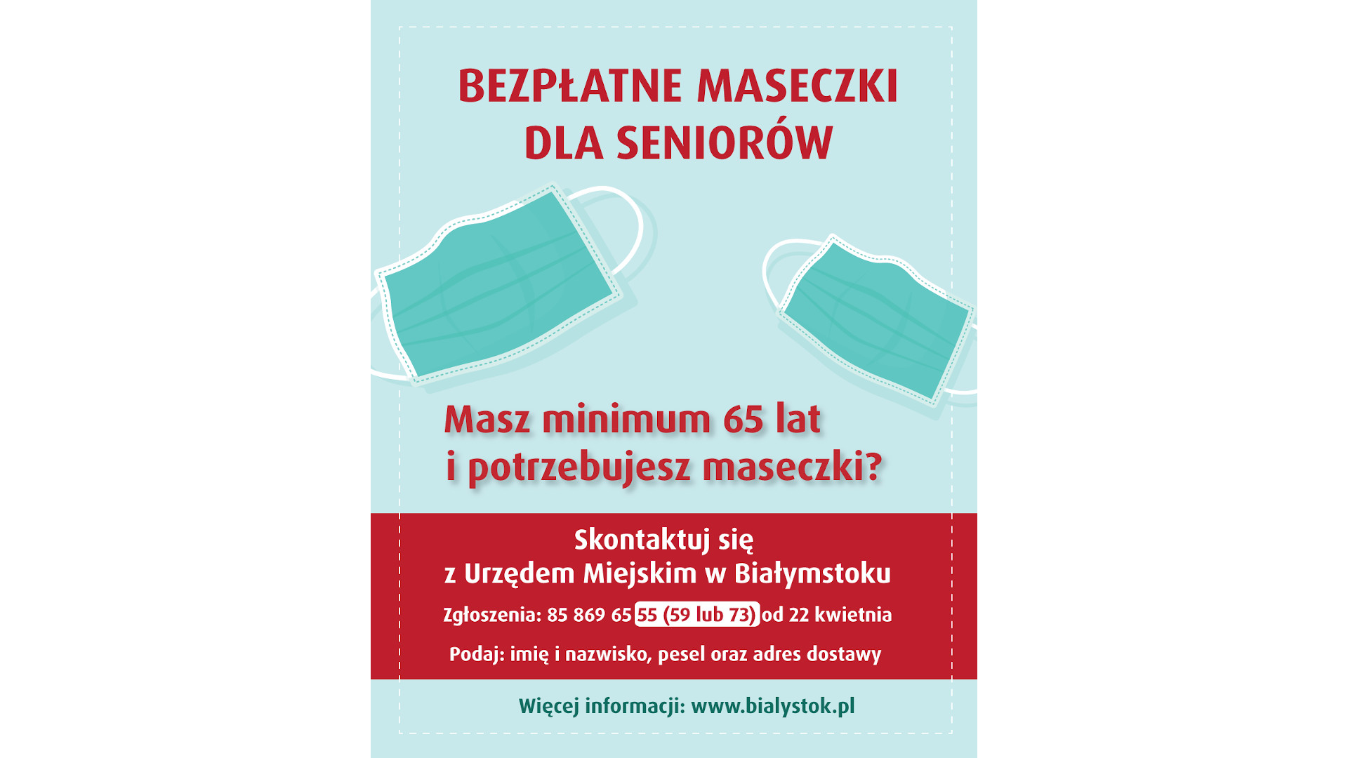 Białostoccy seniorzy potrzebujący maseczek będą mogli zgłaszać się do Urzędu Miejskiego
