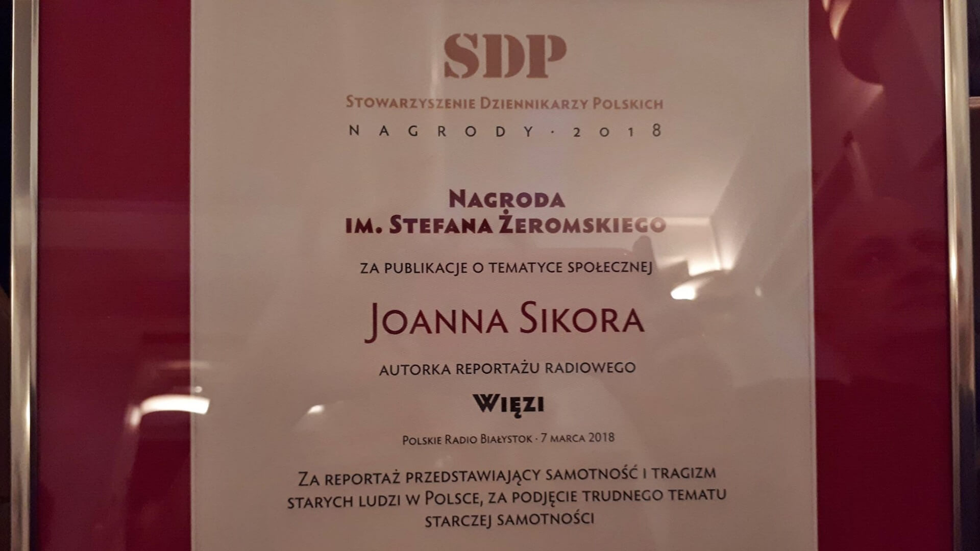 Nasza dziennikarka – Joanna Sikora – z nagrodą SDP za reportaż społeczny