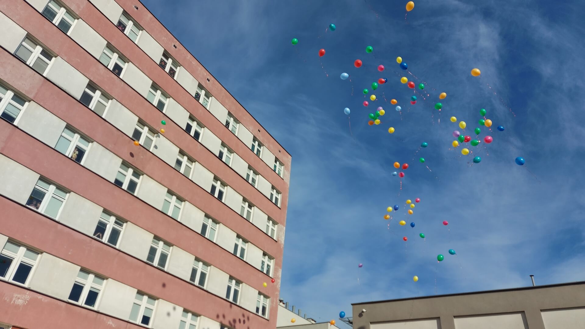 Przy UDSK w Białymstoku wolontariusze wypuścili w niebo kilkadziesiąt kolorowych balonów