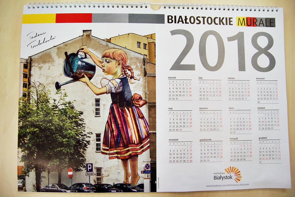 "Dziewczynka z konewką", "Chłopiec z dywanem" czy "Esperanto" – białostockie murale w kalendarzu na 2018 rok