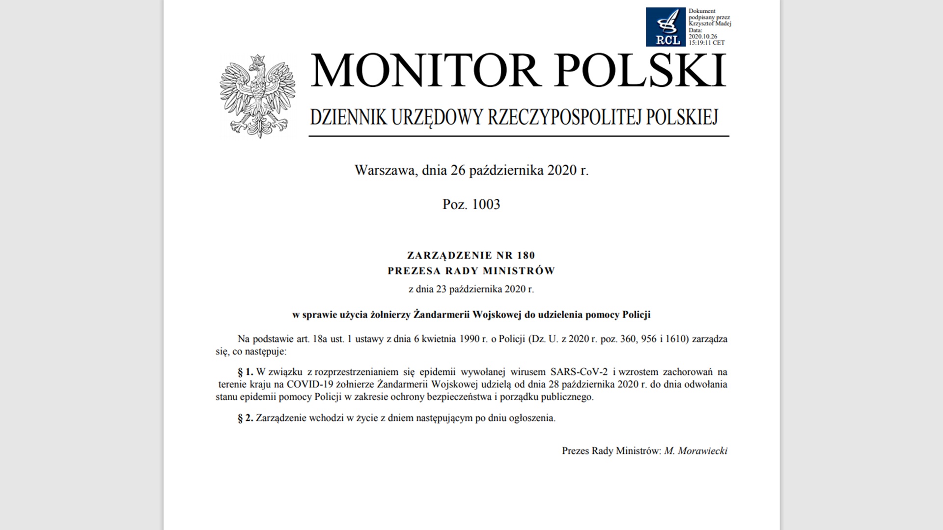 Opublikowano zarządzenie premiera o skierowaniu Żandarmerii Wojskowej do pomocy Policji