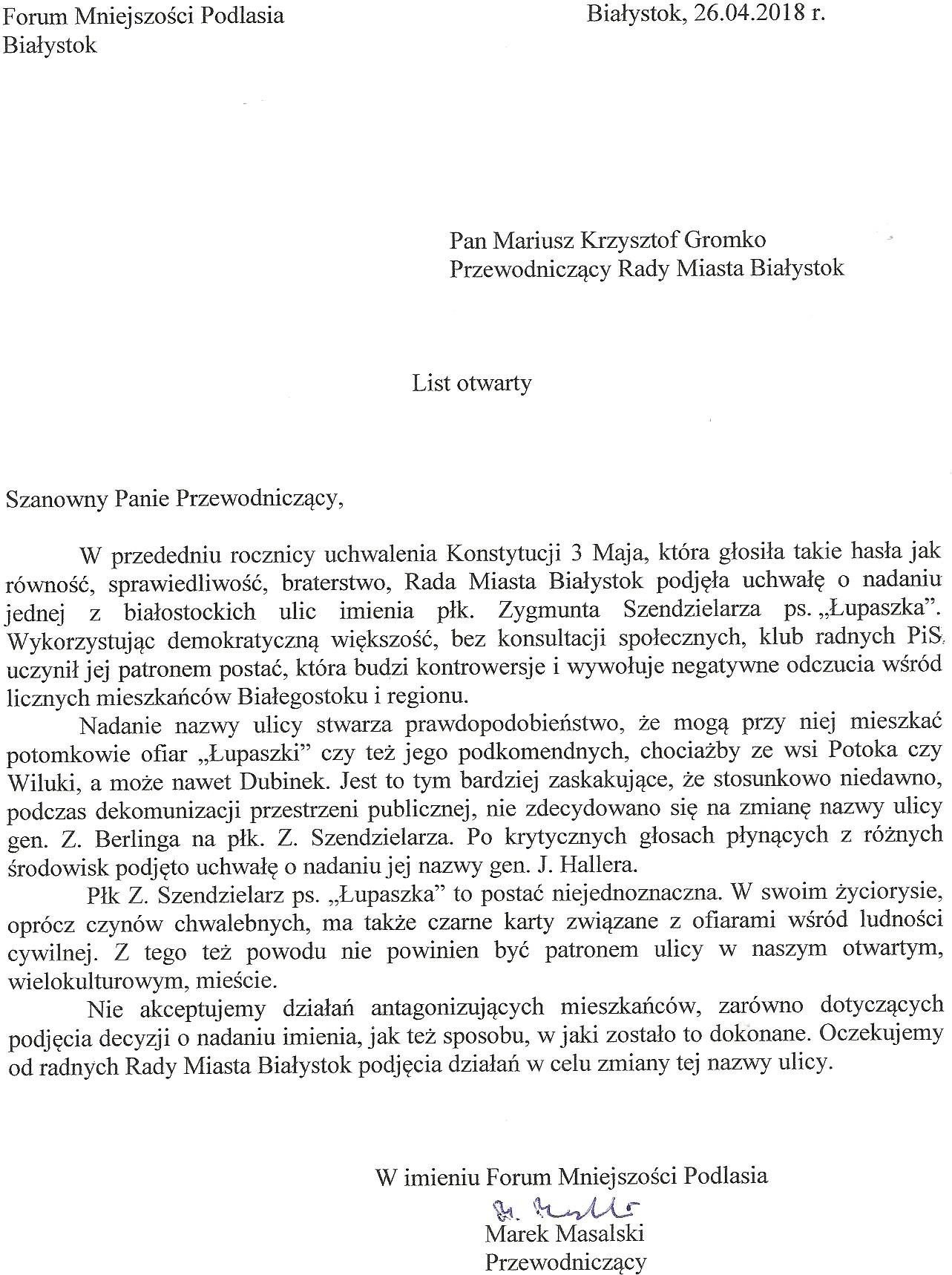 Forum Mniejszości Podlasia wystosowało pismo do Mariusza Gromki ws. "Łupaszki"