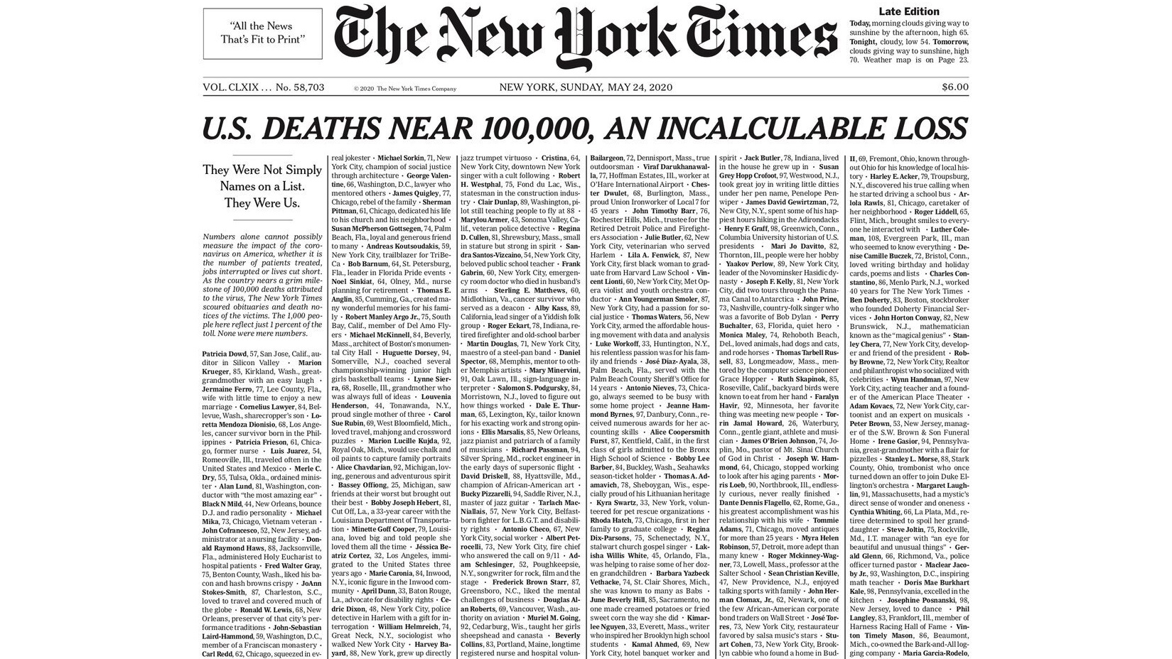 Pierwsza strona "NYT" cała w nazwiskach osób zmarłych na Covid-19