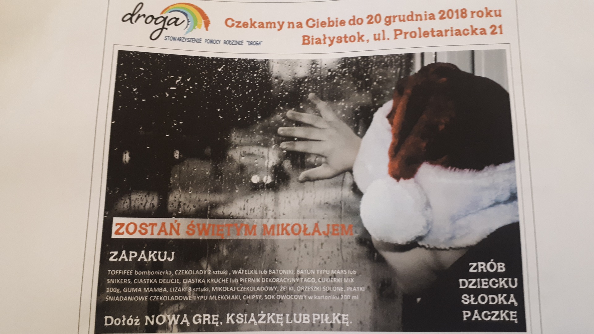 Zbiórka żywności i słodyczy Stowarzyszenia "Droga" dla ubogich podlaskich rodzin