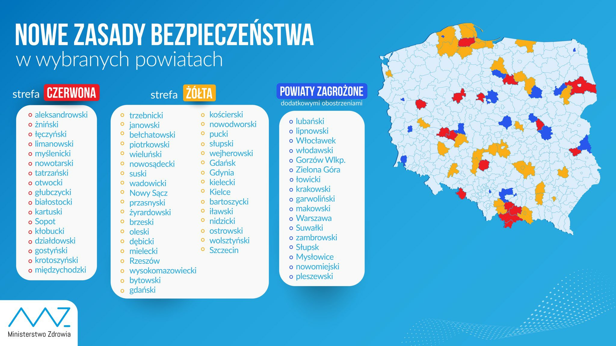 Od soboty 51 powiatów z dodatkowymi obostrzeniami; 17 w strefie czerwonej, 34 w żółtej
