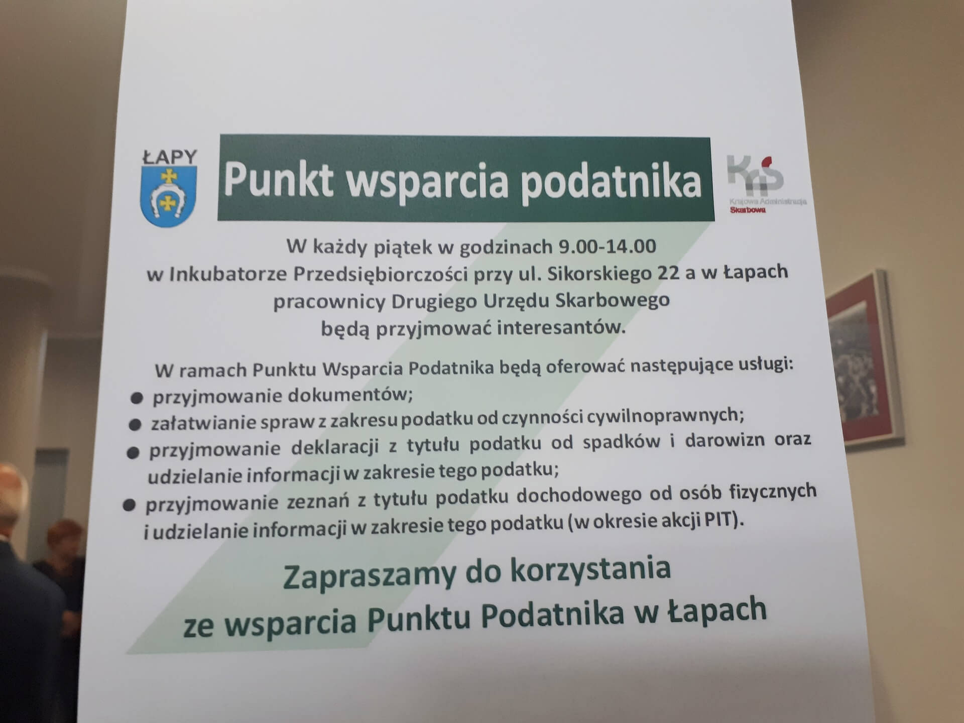 W Łapach można raz w tygodniu załatwiać sprawy podatkowe - nie trzeba jechać do Białegostoku
