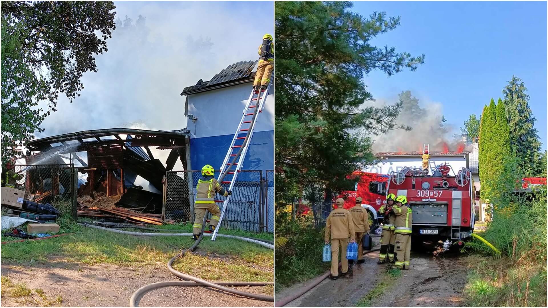 Strażacy walczyli z pożarem w podbiałostockich Jurowcach - spłonęła stolarnia i część budynku mieszkalnego [zdjęcia, wideo]