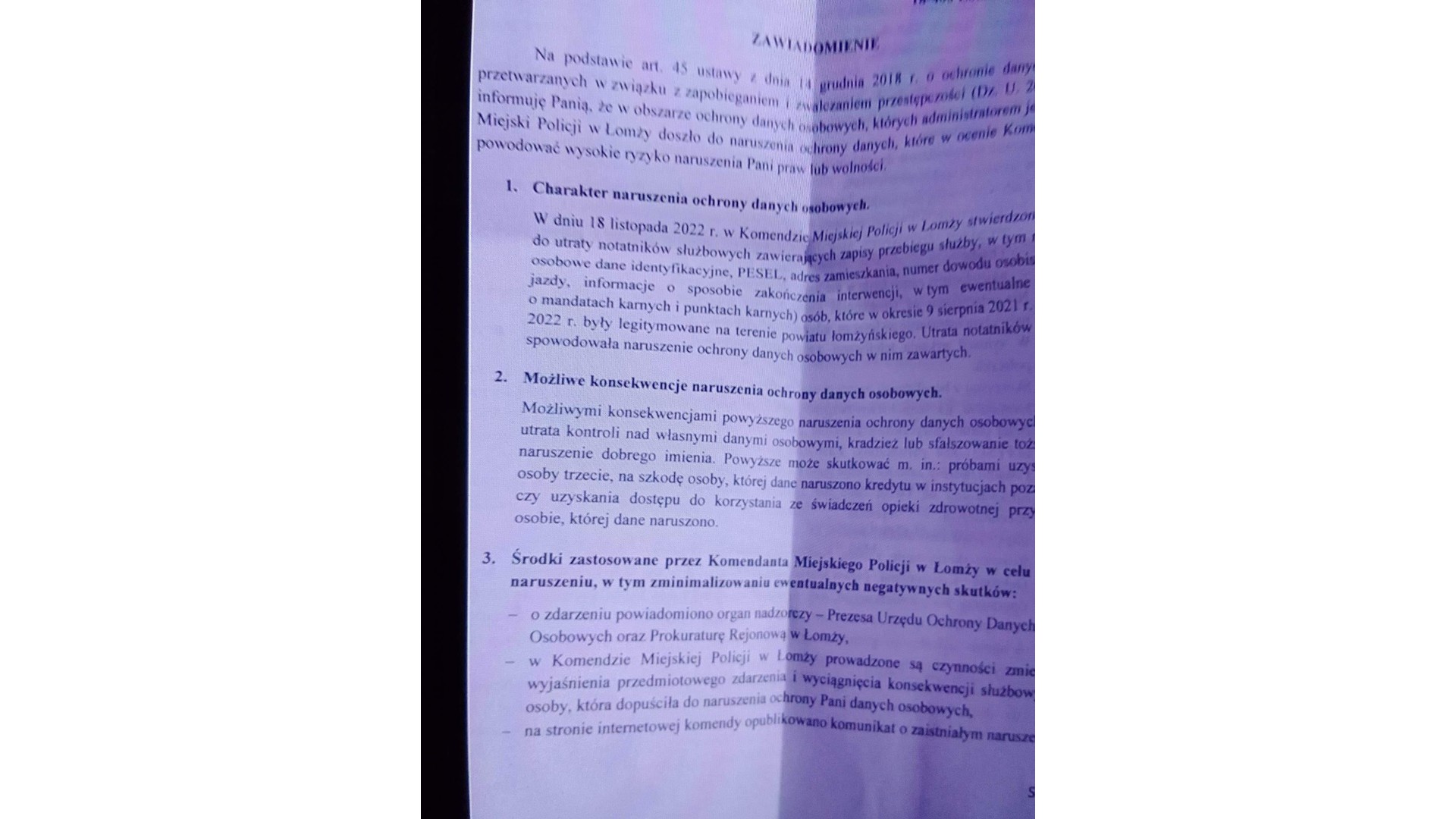 Policja informuje mieszkańców powiatu łomżynskiego o naruszeniu ochrony ich danych osobowych