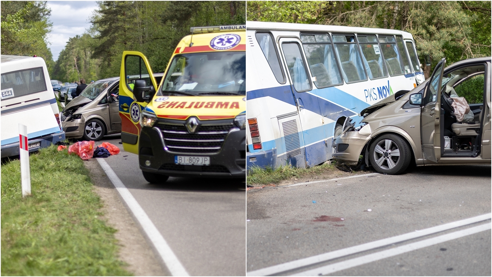 Śmiertelny wypadek na trasie Sokoły-Jeżewo. Szkolny autobus zderzył się z busem [zdjęcia, wideo]